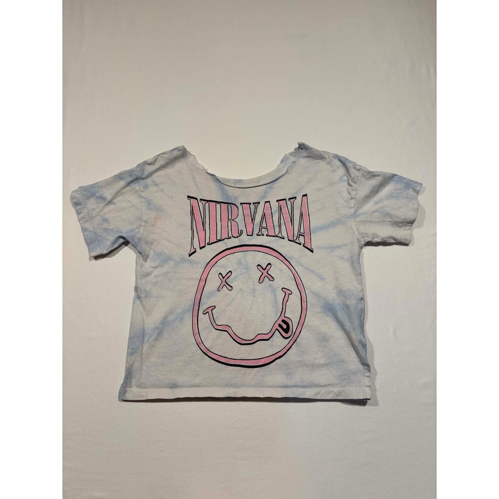 Nirvana Smiley Face Tie Dye Graphic Crop Top Blue‎ Pink Distressed T-Shirt